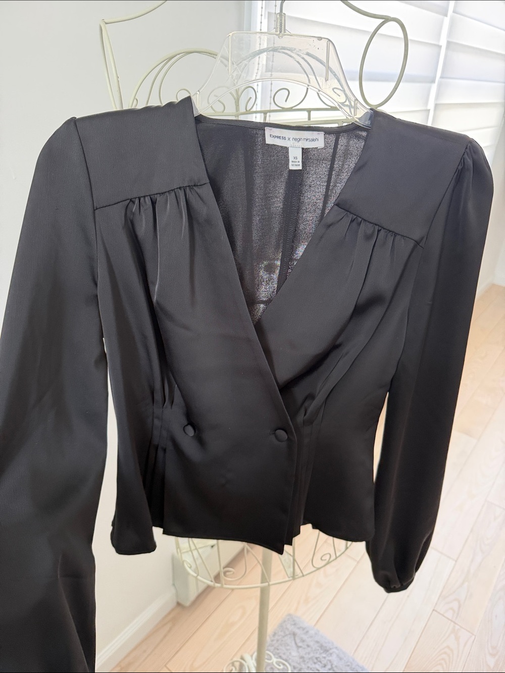 Express x Negin Mirsalehi Double-Breasted Top with Gathered Shoulders